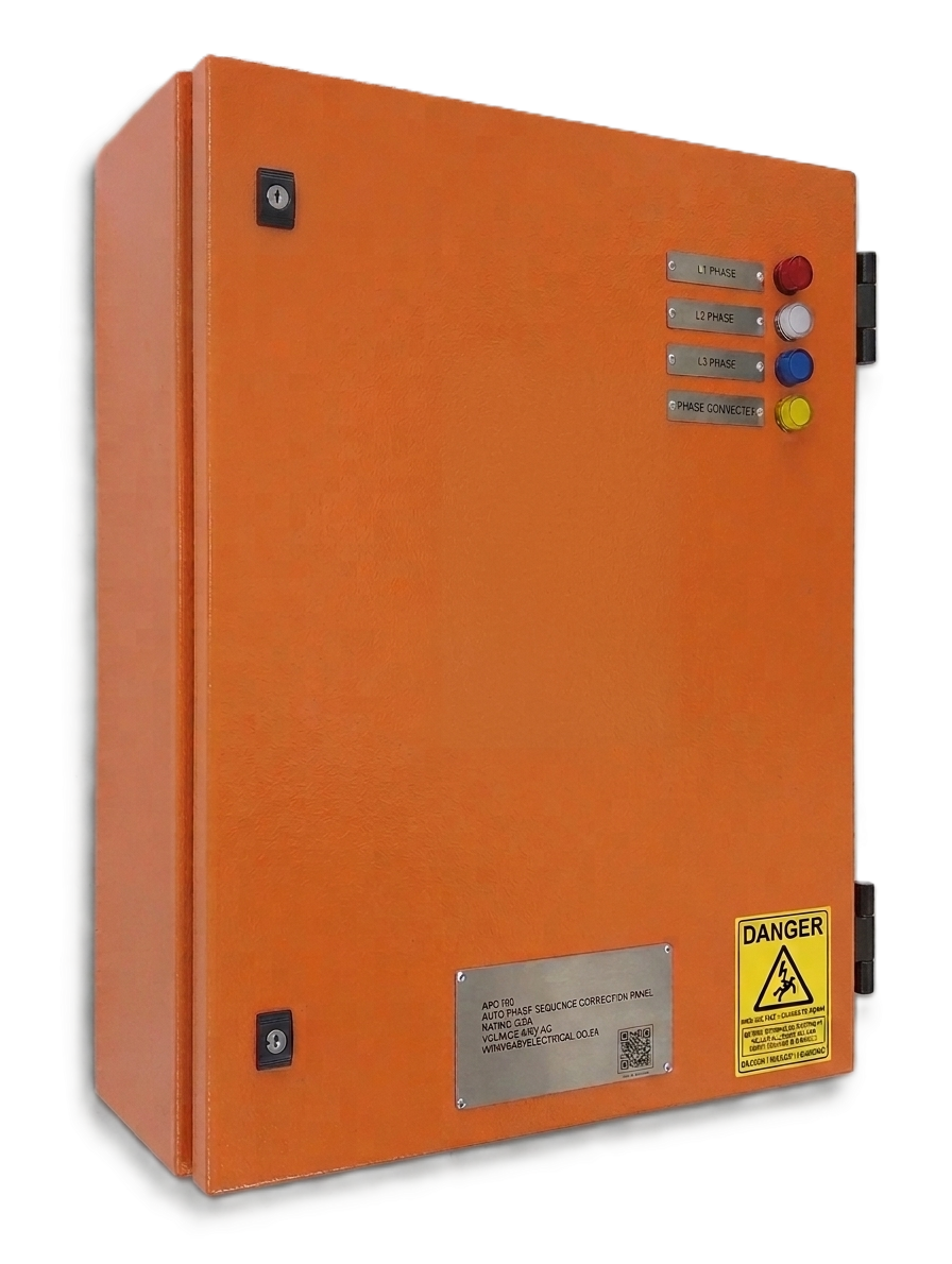 Automatic 3-Phase Sequence Corrector panel by Easy Electrical — orange enclosure with phase indicator lights